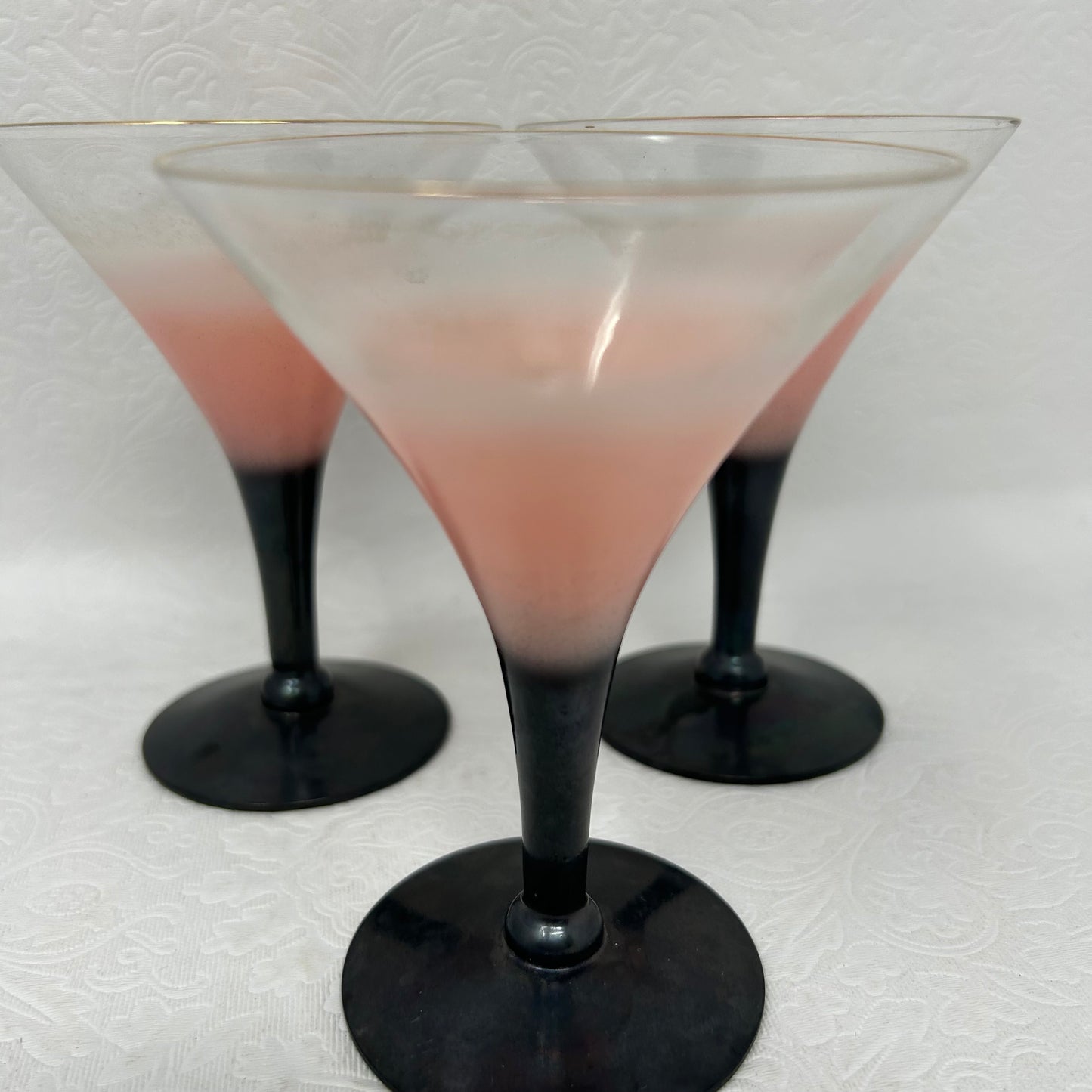 Short Martini Glasses in Pink and Black with Gold Rim Set of 3