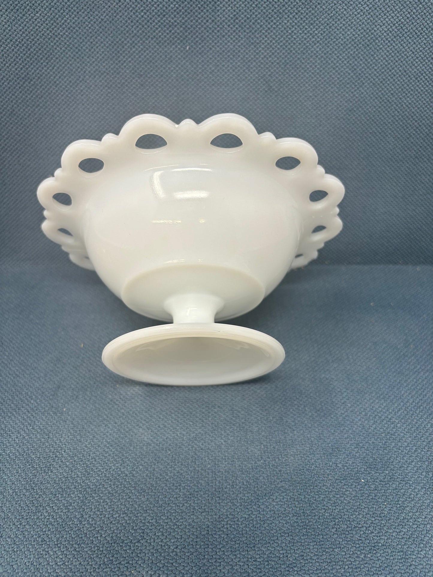 Vintage Anchor Hocking Open Lace Edge Milk Glass Compote