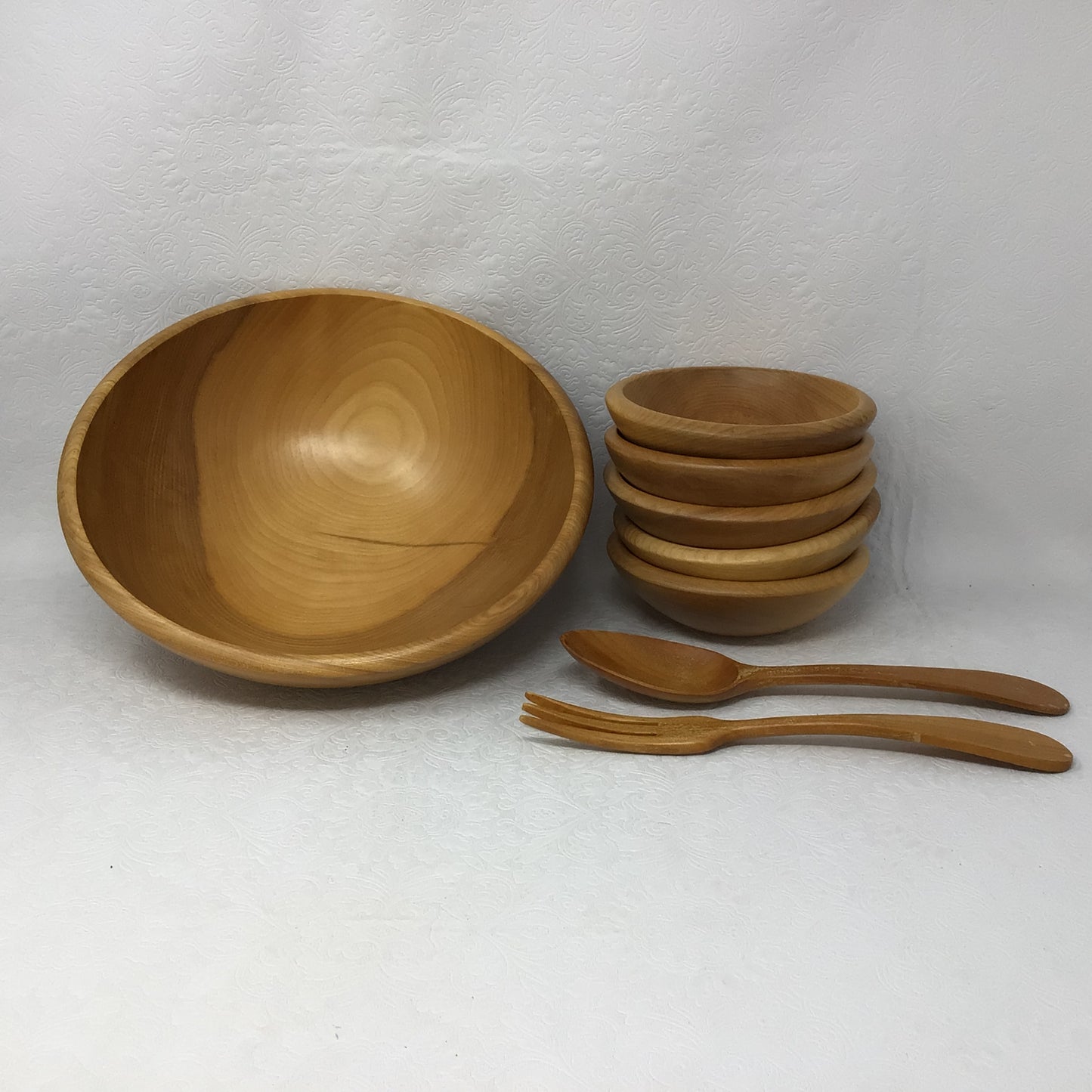 Vintage Set Of 8 Hand Carved Baribocraft Wooden Salad Bowls And Utensils