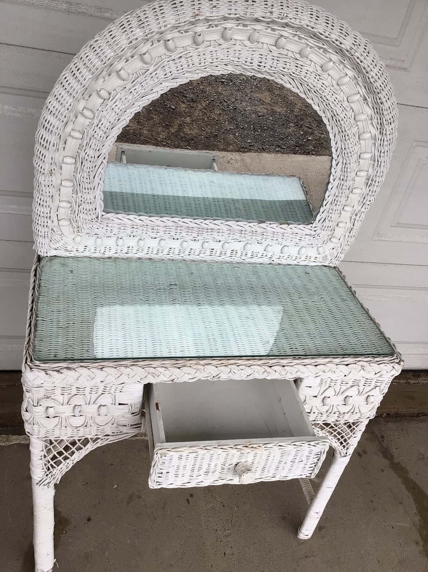 Vintage White Wicker Vanity with Mirror