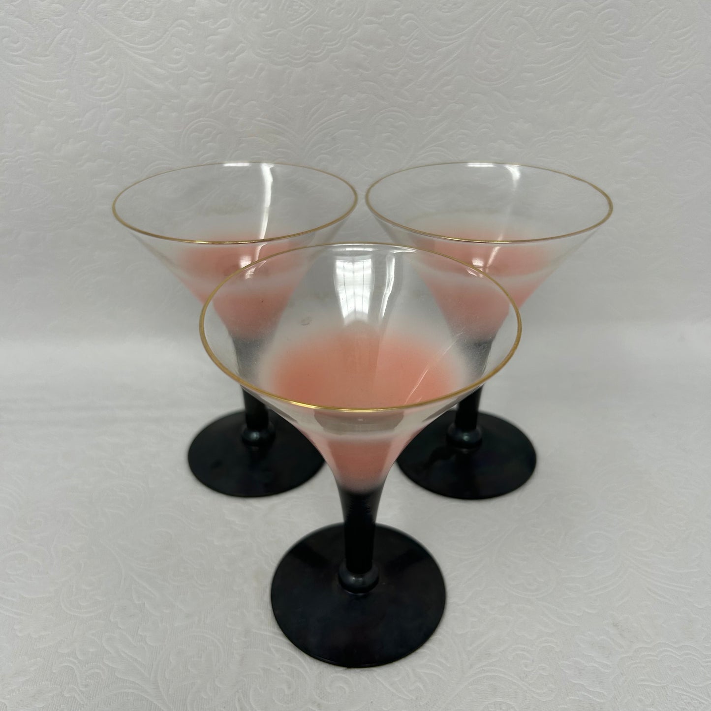 Short Martini Glasses in Pink and Black with Gold Rim Set of 3