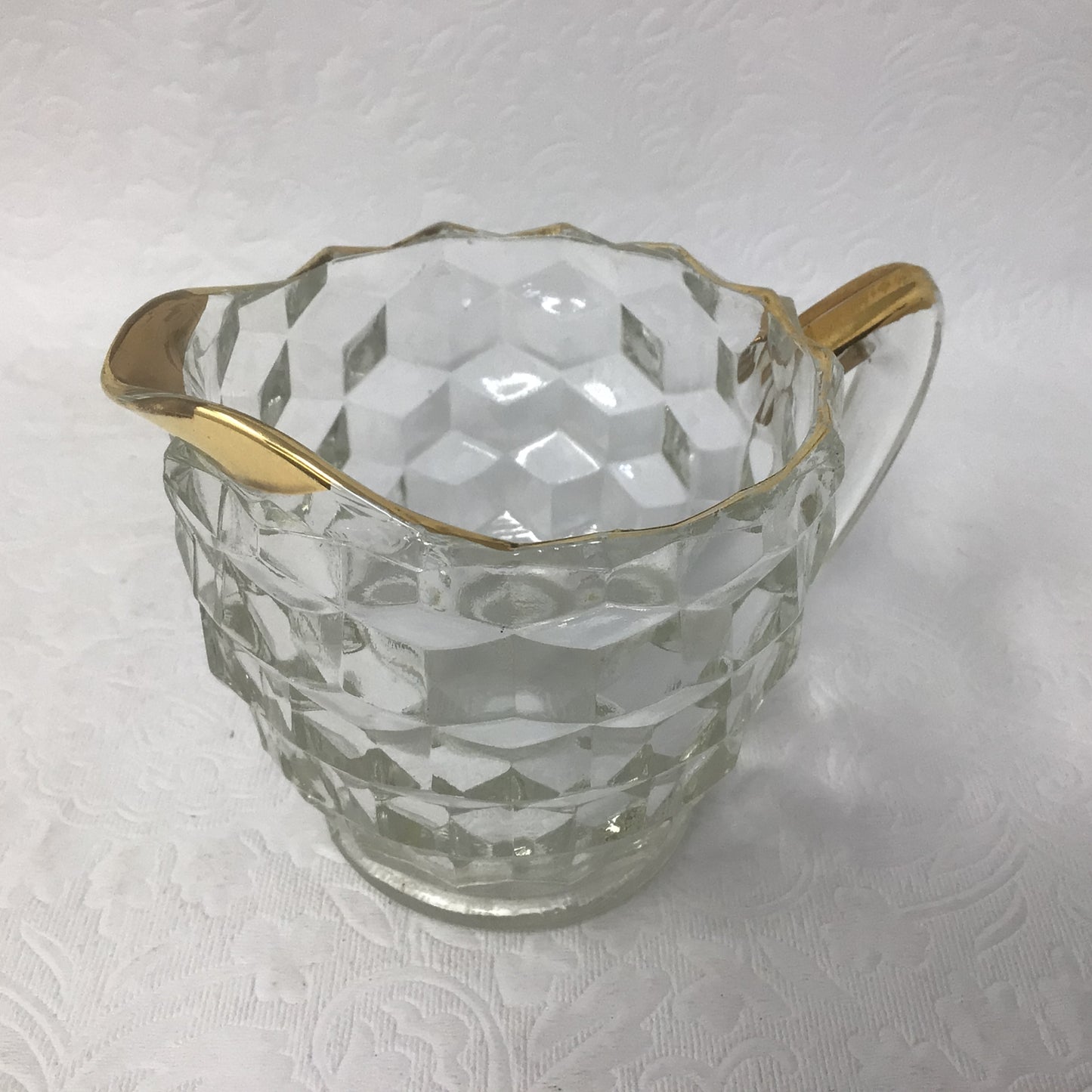 Vintage Glass Creamer and Sugar with Cube Pattern