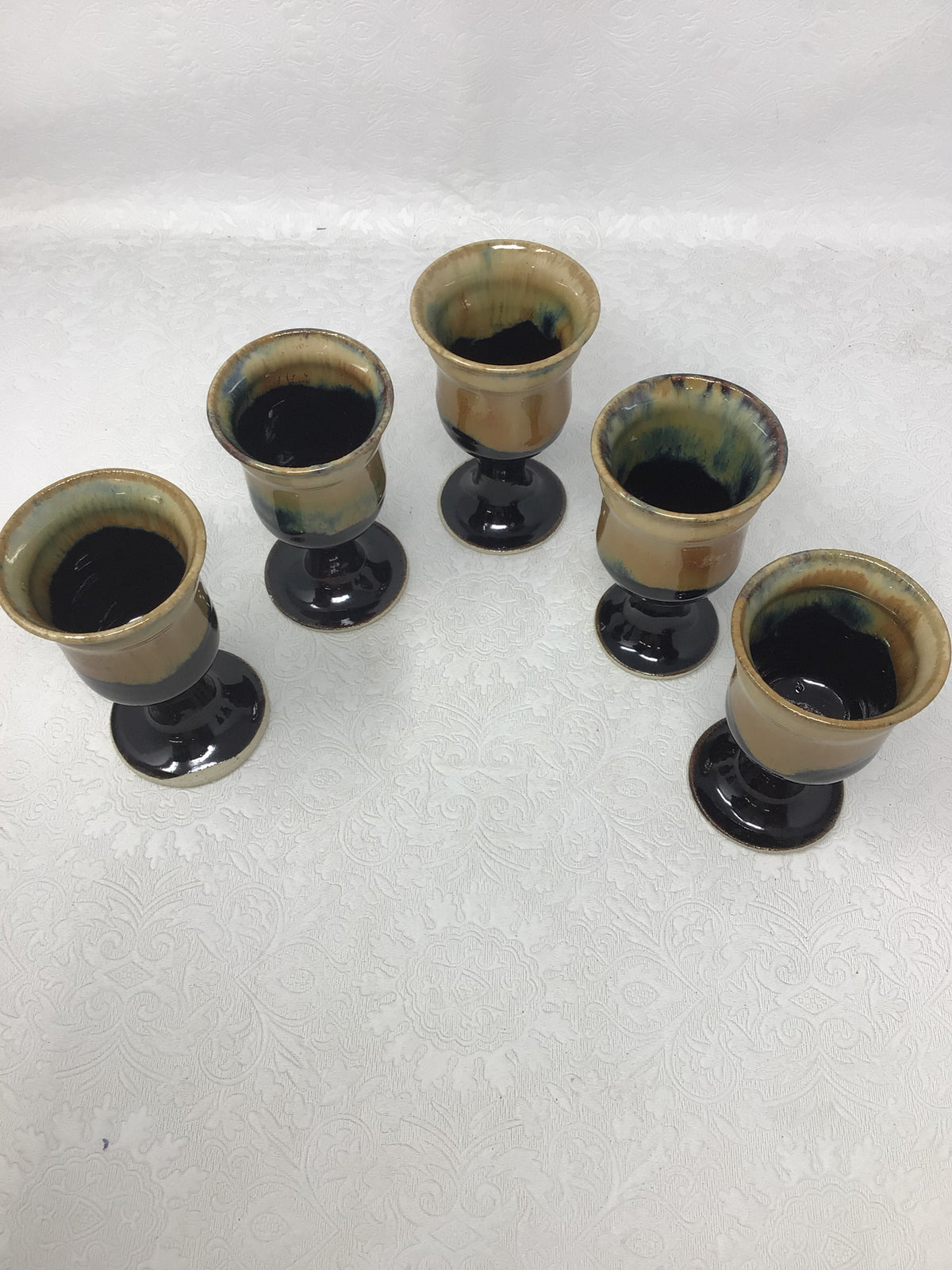 Set of 5 Vintage Hand-thrown Pottery Goblets