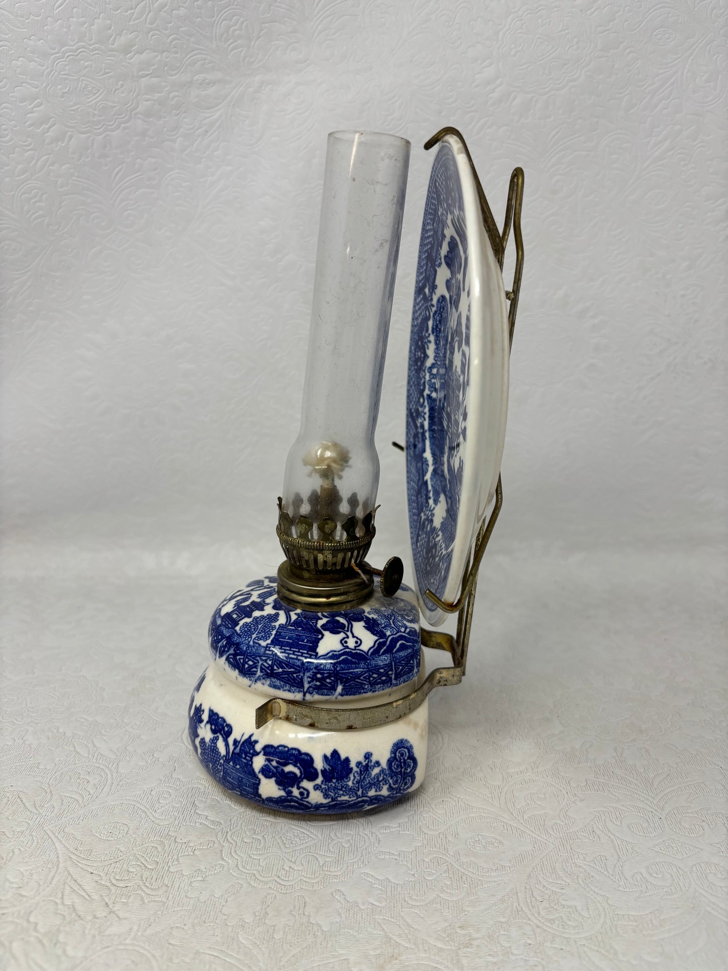 Vintage Japanese Blue Willow Oil Lamp with Reflector Plate
