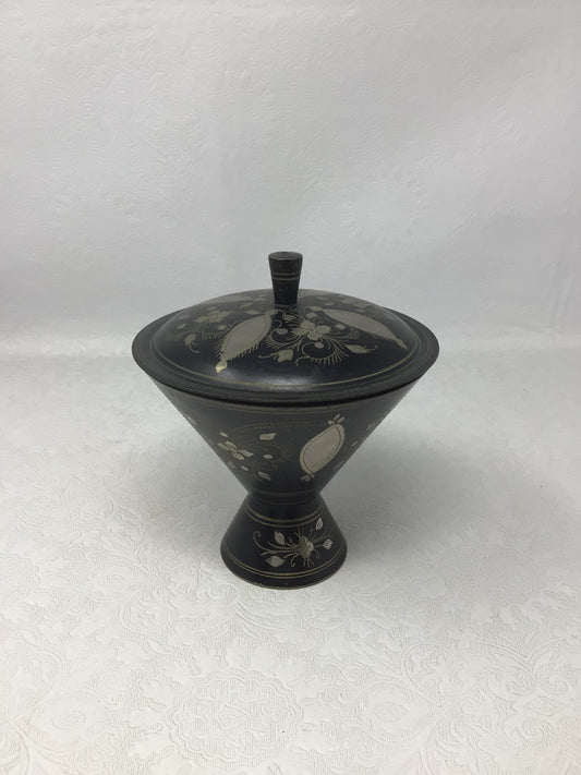Vintage Black-Finished Lidded Pedestal Bowl