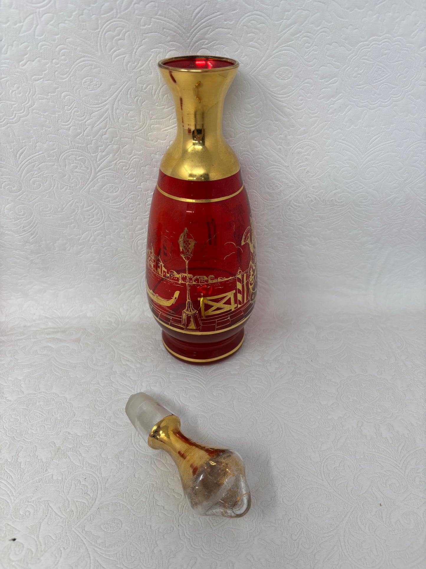 Vintage Red Glass Decanter & Glasses