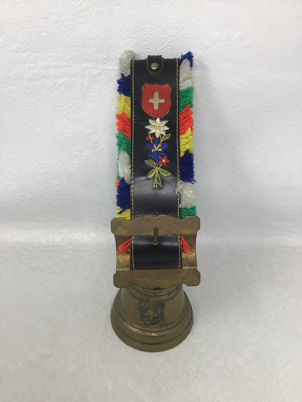 Vintage Swiss Brass Cowbell with Leather Embroidered Strap