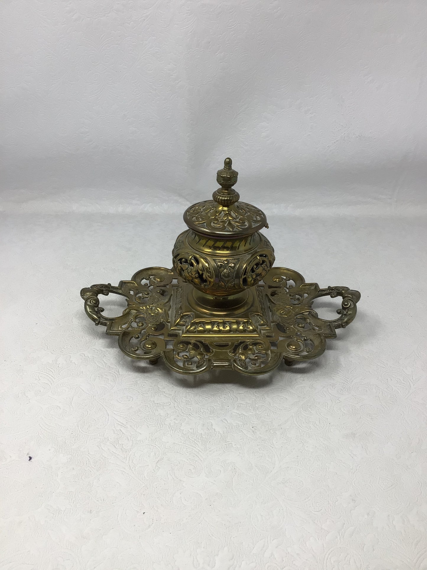 Object Ornate Antique Cast Brass Inkwell