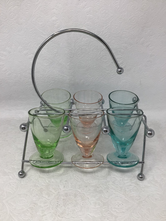Vintage Colourful Shot Glasses and Holder