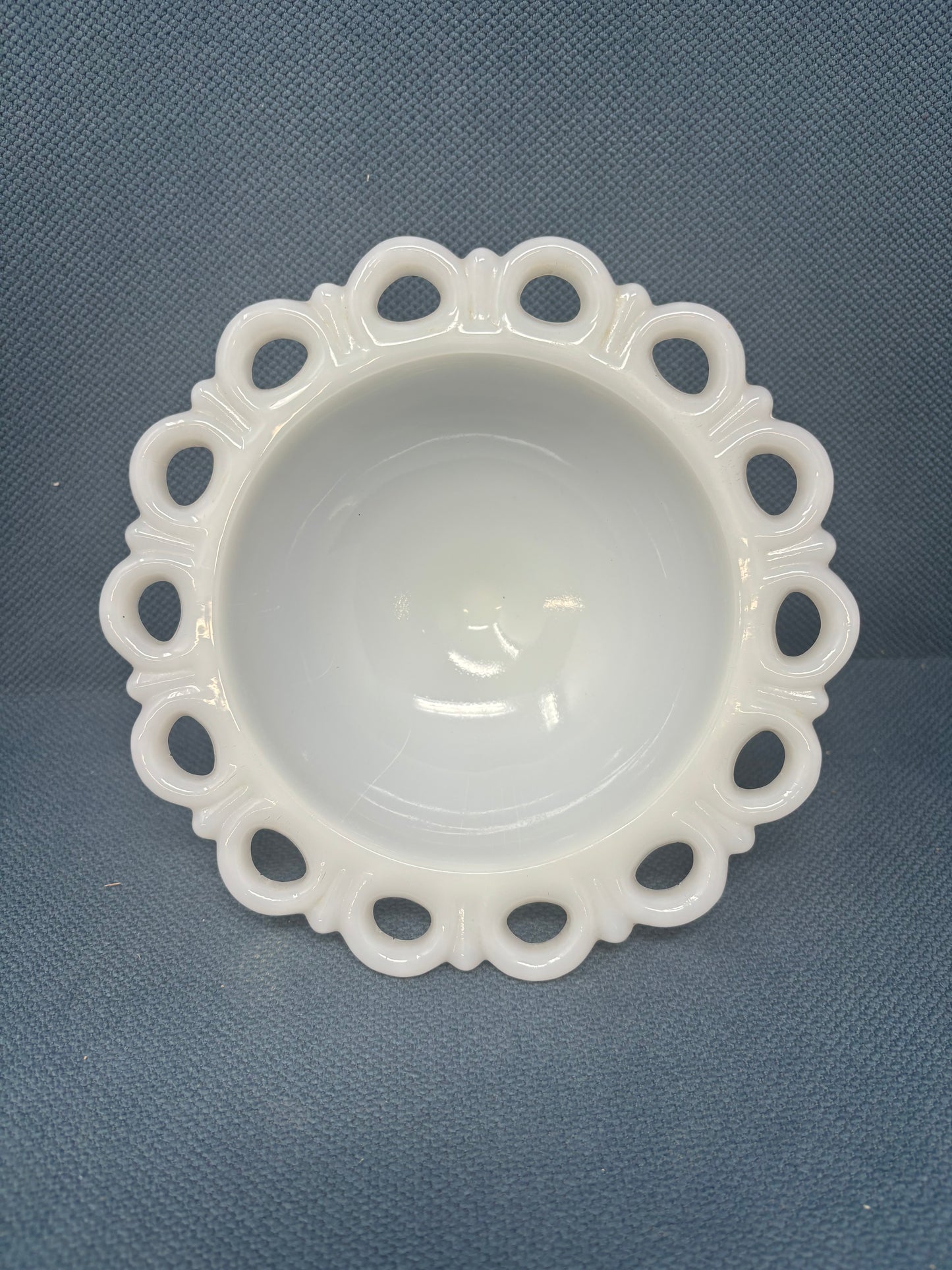 Vintage Anchor Hocking Open Lace Edge Milk Glass Compote