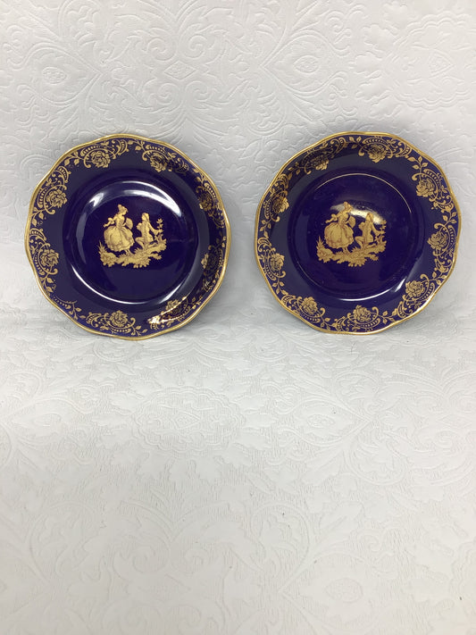 Set of Two Limoges France Cobalt Blue and Gold Trinket Plates