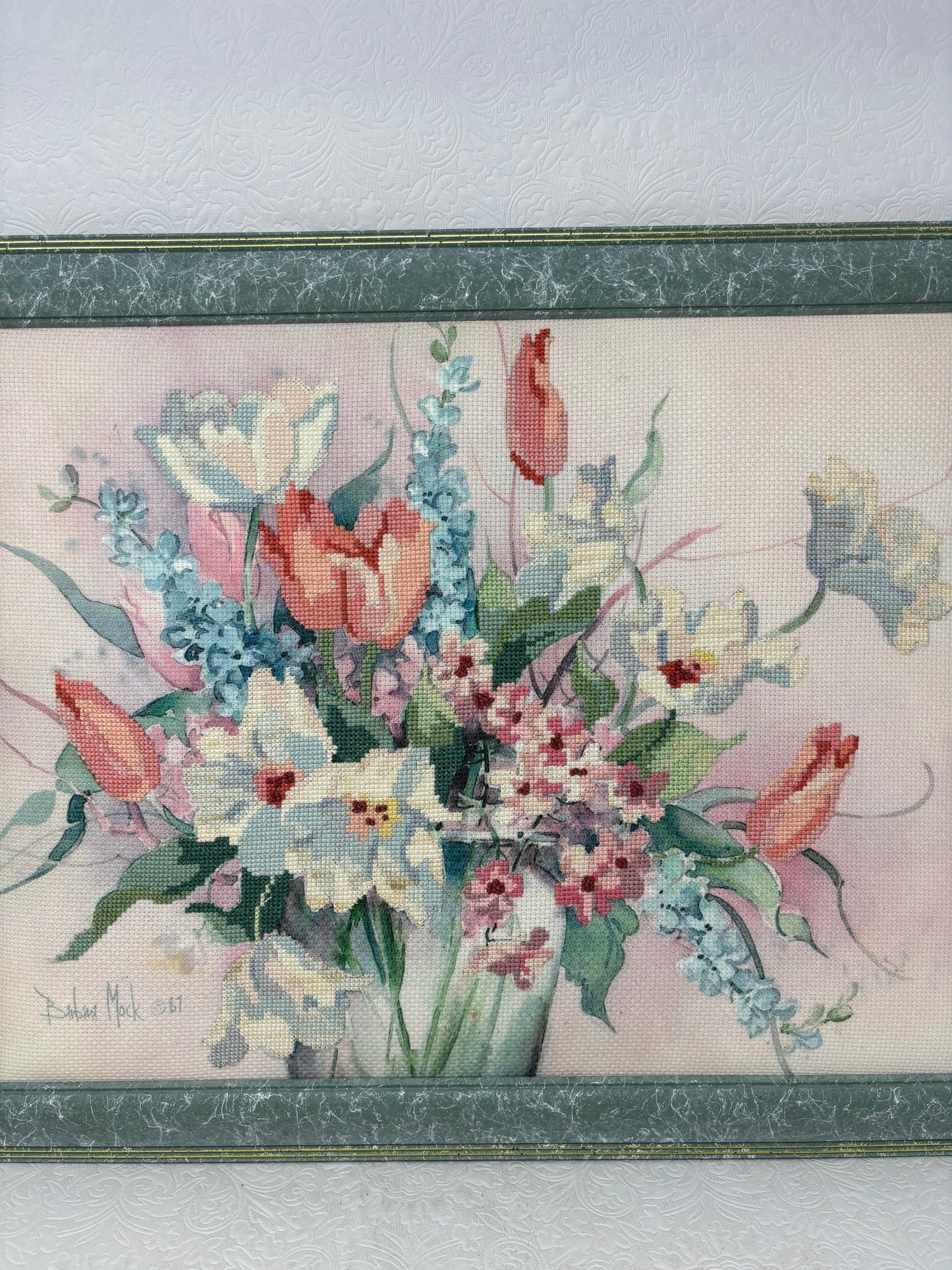 Framed Barbara Mock Signed Needlepoint Bouquet 1987