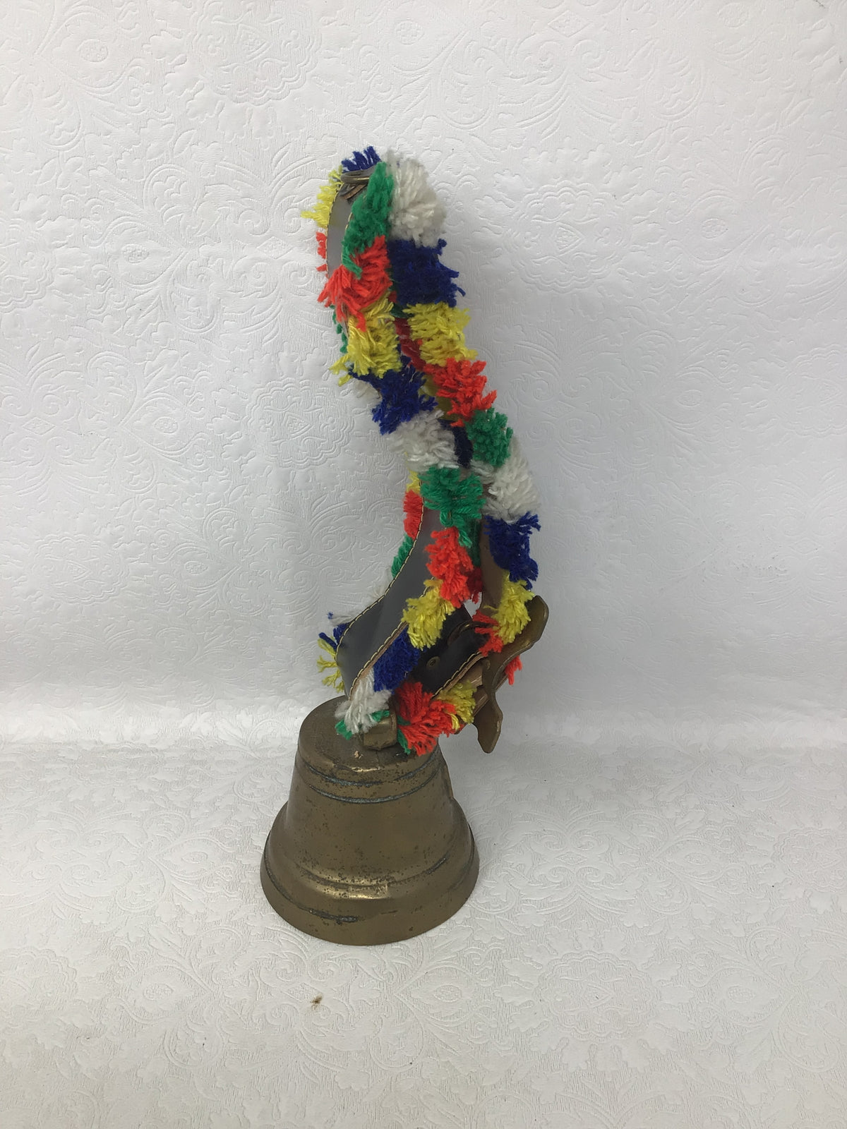 Vintage Swiss Brass Cowbell with Leather Embroidered Strap