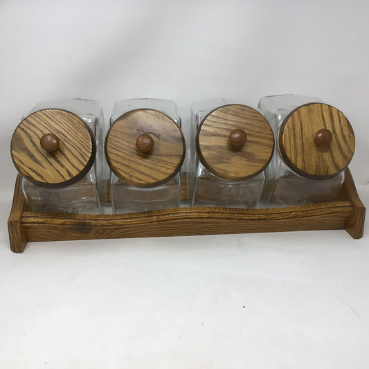 Vintage Glass Canister Set with Wood Base