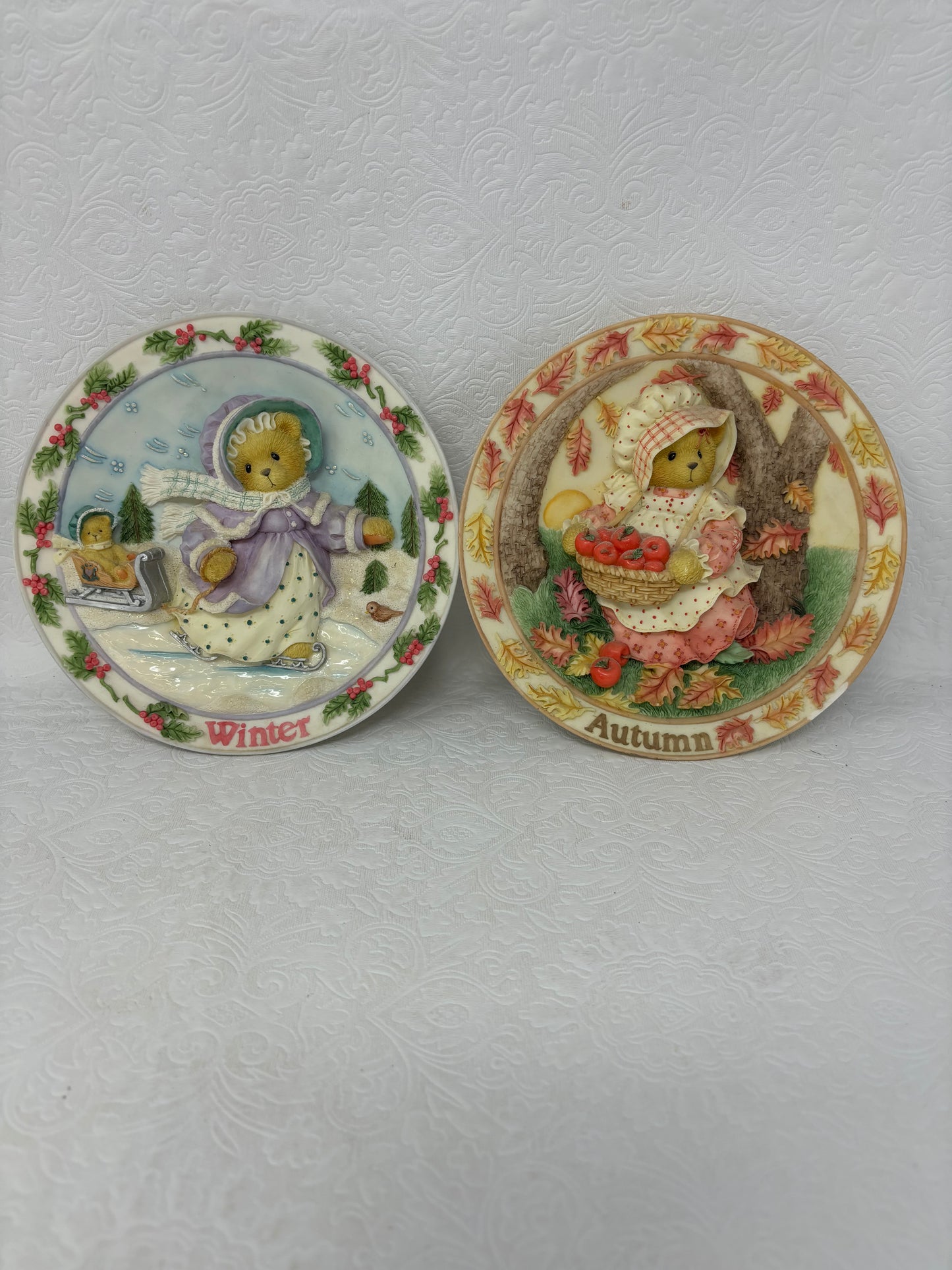 Vintage 1996 Cherished Teddies Four Season Set Of 2 Numbered Plates