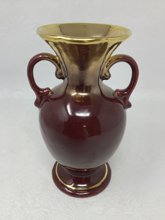 Ceramic Handled Red and Gold Vase