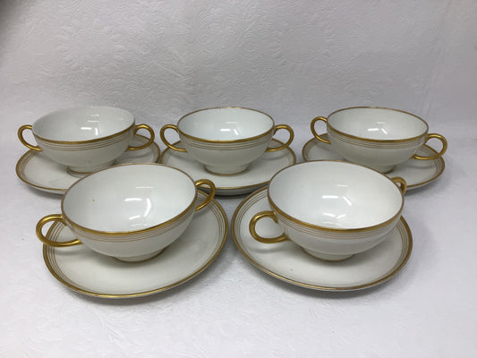 Set of 5 Limoges Double Handle Tea Cups and Saucers