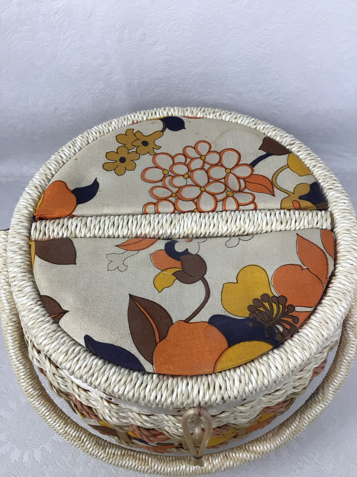 Vintage Woven Wicker Round Sewing Basket