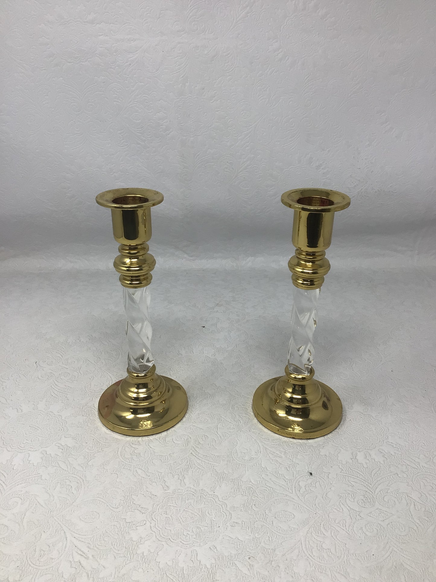 Pair of Vintage Brass Twisted Lucite Taper Candle Holders