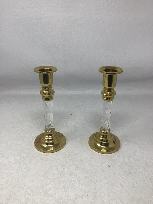 Pair of Vintage Brass Twisted Lucite Taper Candle Holders