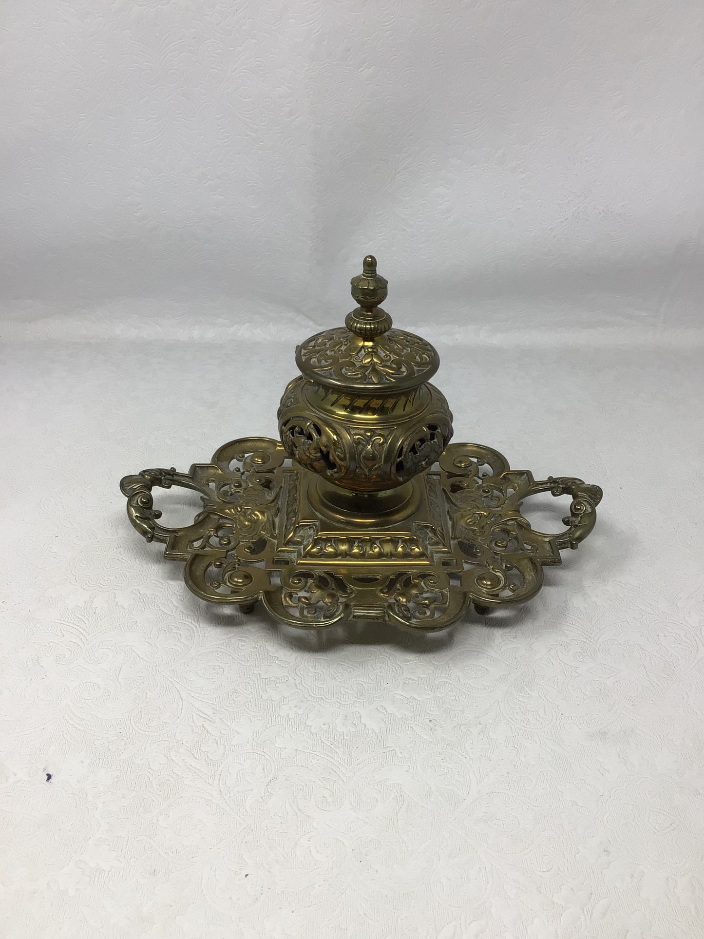 Object Ornate Antique Cast Brass Inkwell