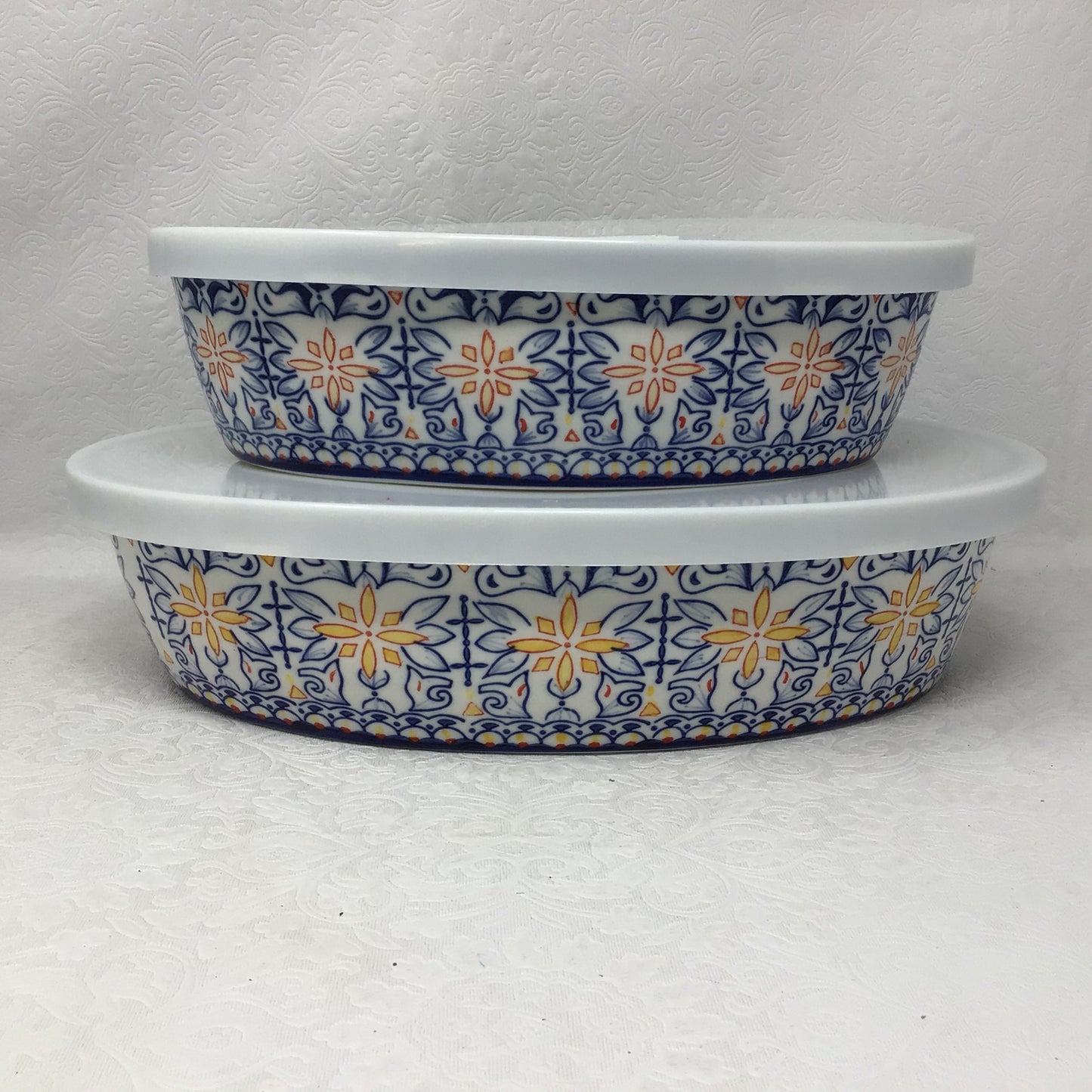 Temp-tations By Tara Ceramic Old World Blue Casserole Dishes And Metal Rattan Serving Basket
