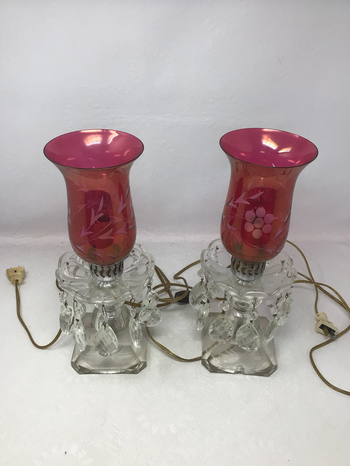 Pair of Vintage Cranberry Glass Hurricane Accent Lamps