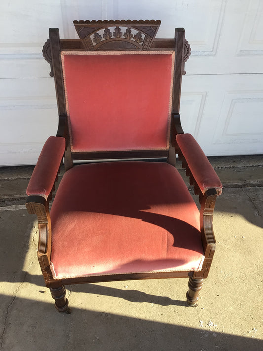 Antique Walnut and Pink Velvet Upholstery Armchair