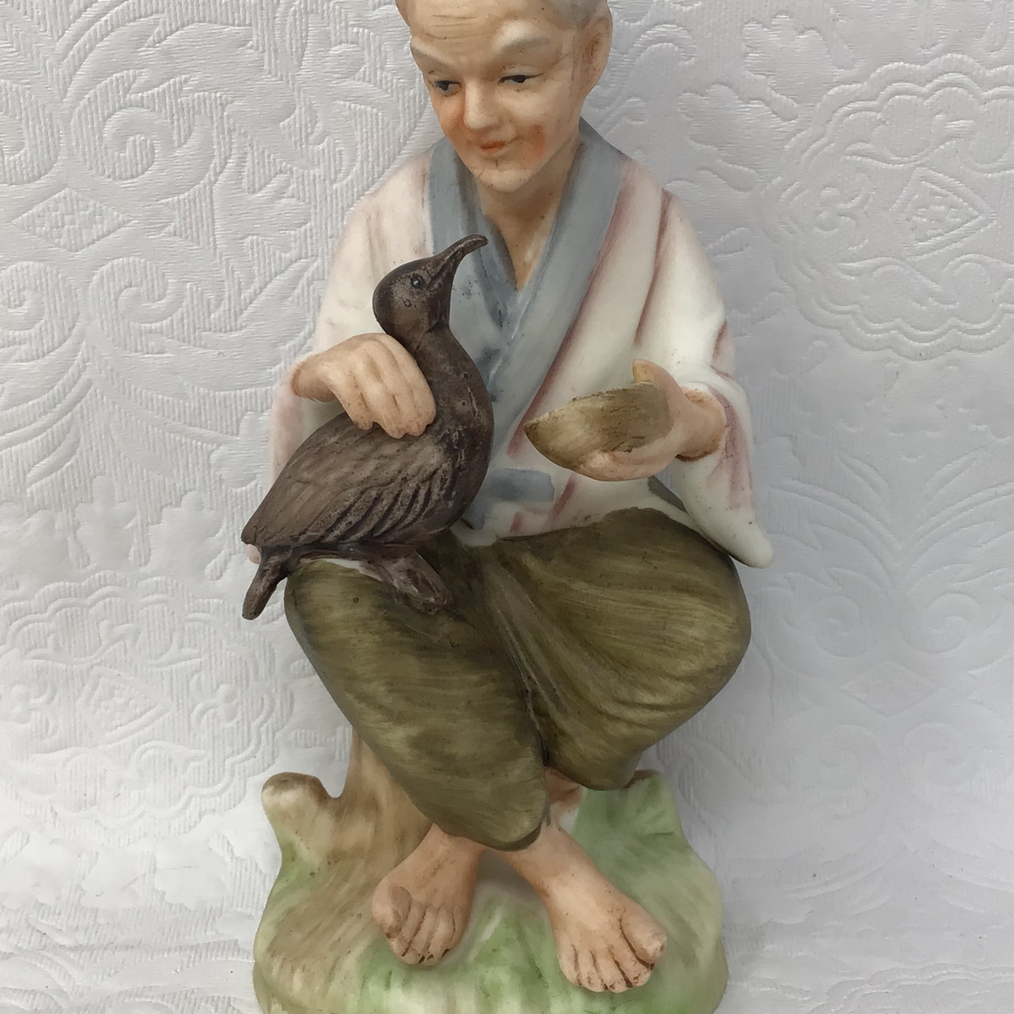 Napco Figurine Japan Old Woman With Bird Ceramic Pottery