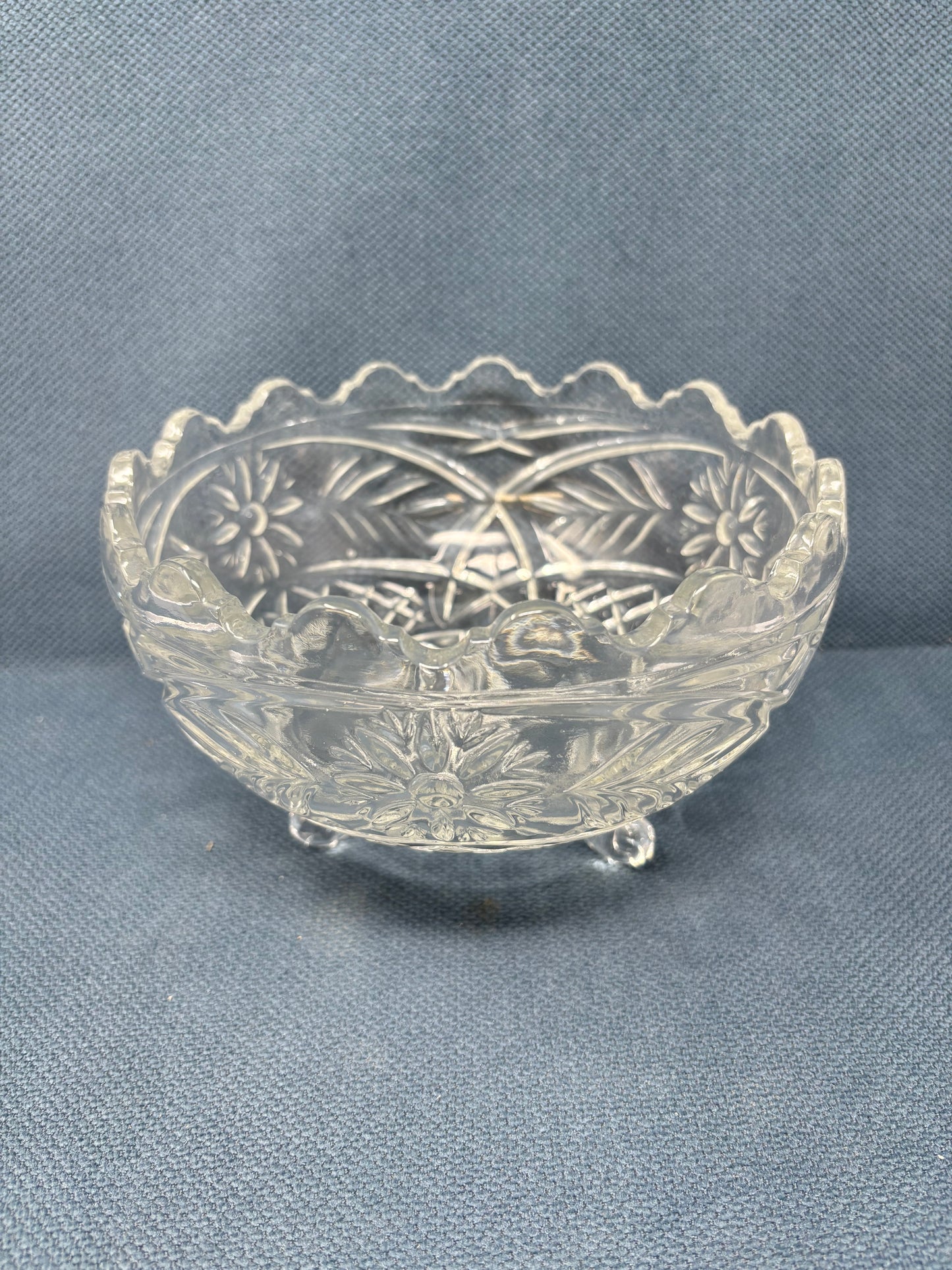 Antique Crystal Flower Three Legged Candy Dish