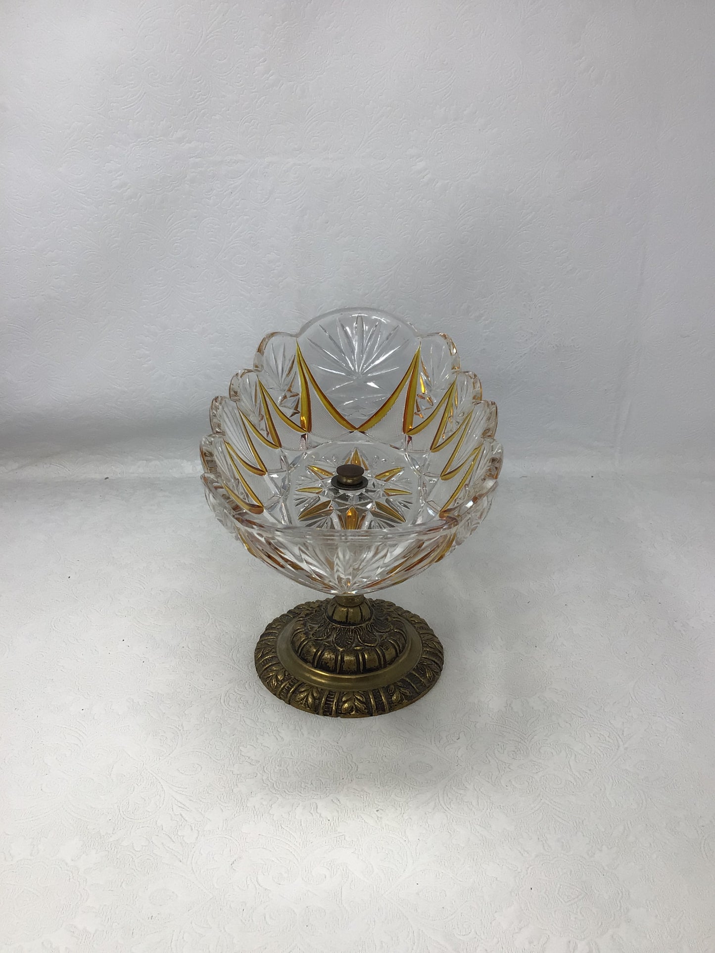 Vintage Ornate Brass Footed Pedestal Pinwheel Crystal Glass Bowl