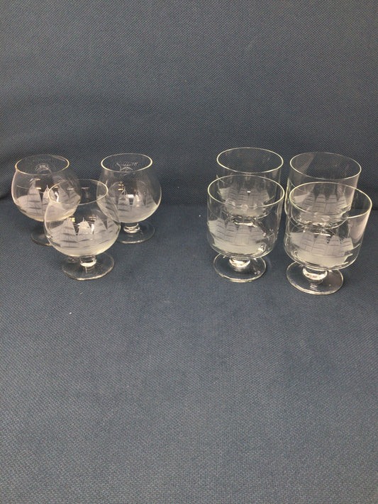 Set of 7 Vintage Toscany Romania Crystal Ship Glasses