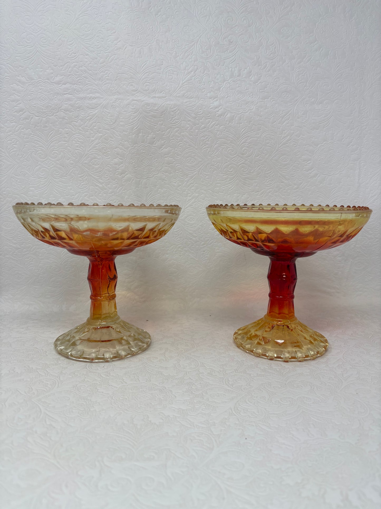 2 Vintage Amberina Glass Pedestal Dishes & Candy Dish