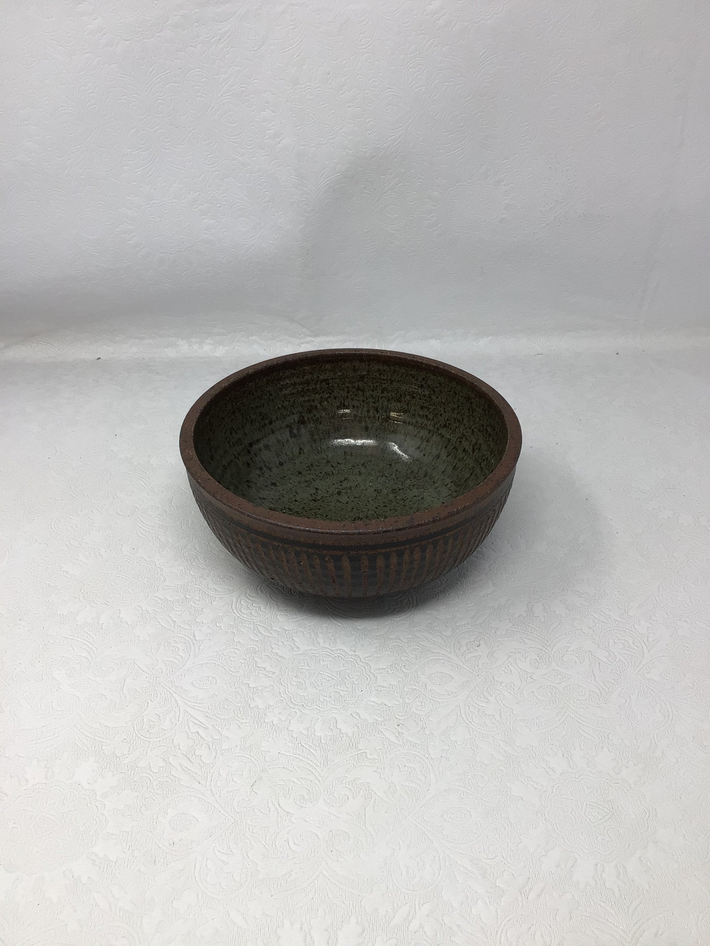 Brown and Olive Green Speckled Pottery Bowl