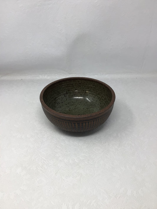 Brown and Olive Green Speckled Pottery Bowl