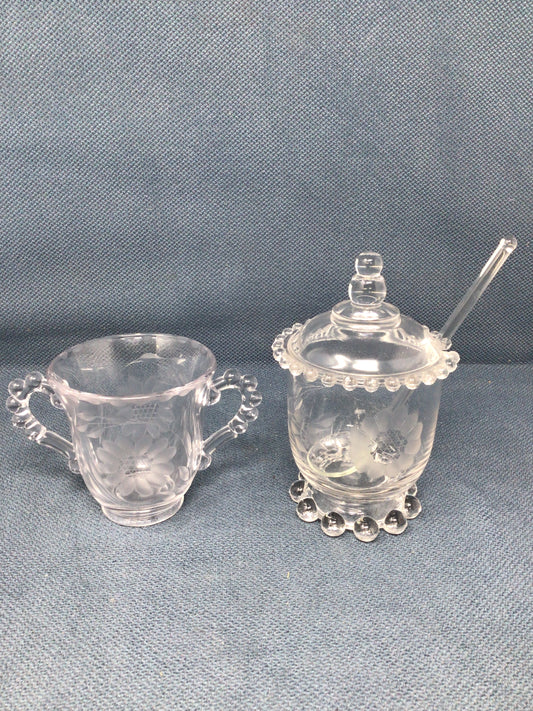 Vintage Imperial Glass Candlewick Jam Jar with Spoon and Sugar Bowl.