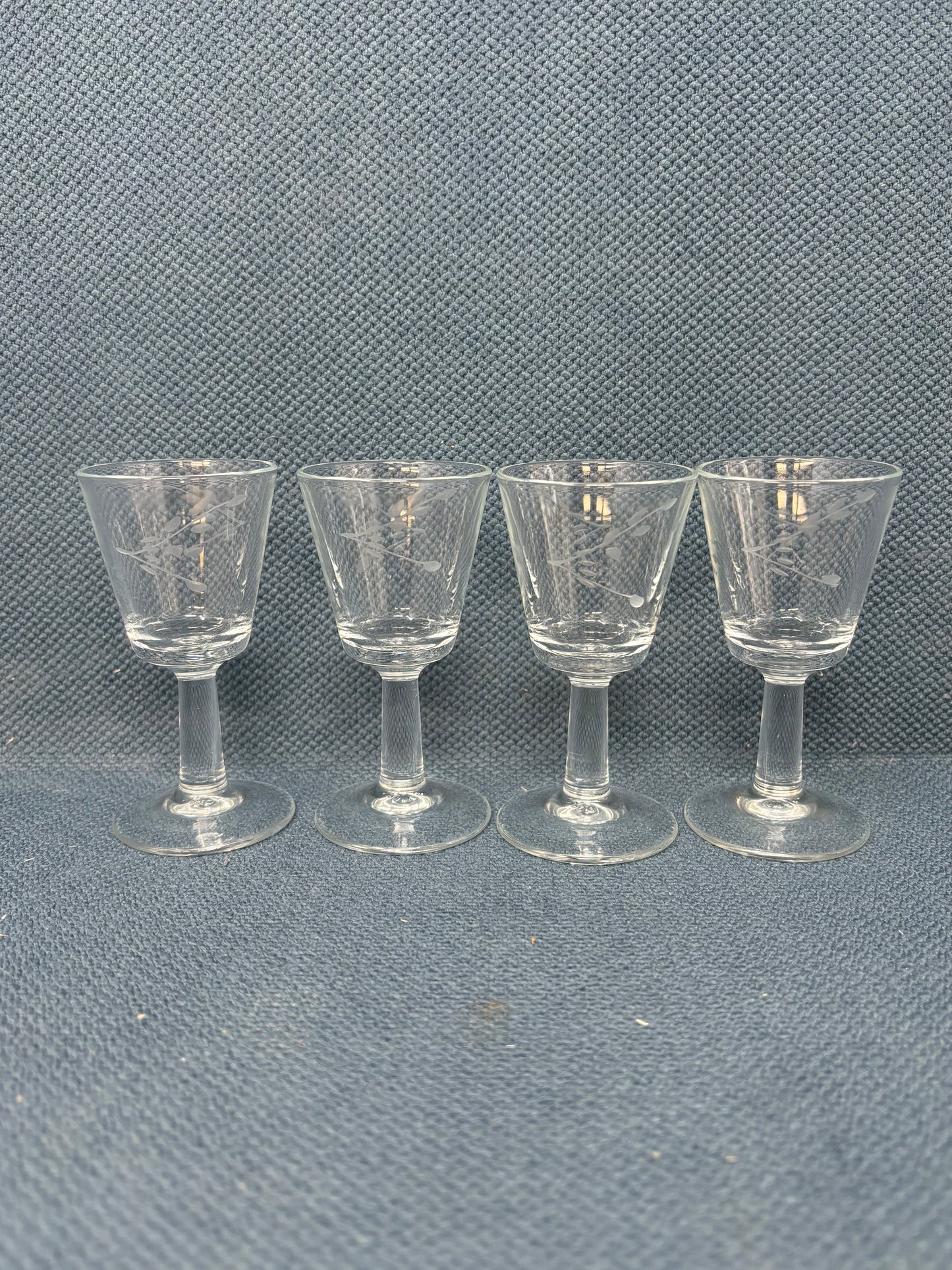 Set Of 4 Floral Etched France Stamped Glasses