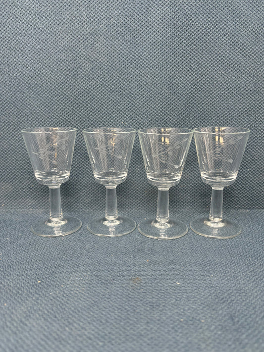 Set Of 4 Floral Etched France Stamped Glasses