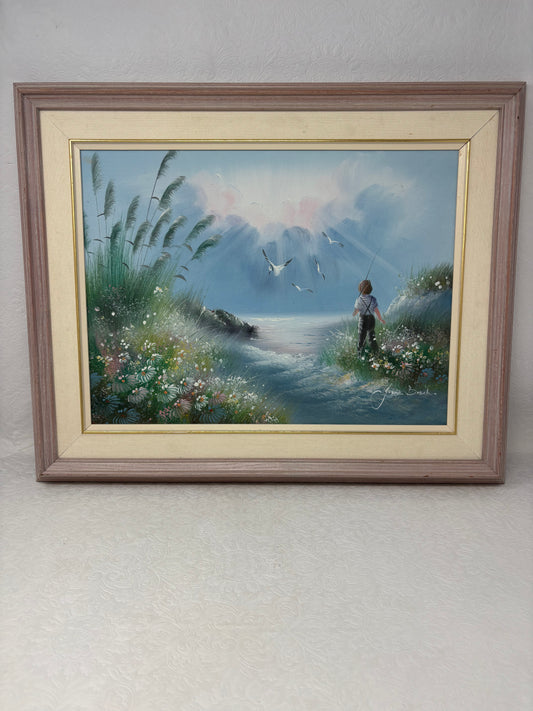Vintage Oil Painting Of  “Boy Fishing In River With Meadow And Forest" by Irene Brech.