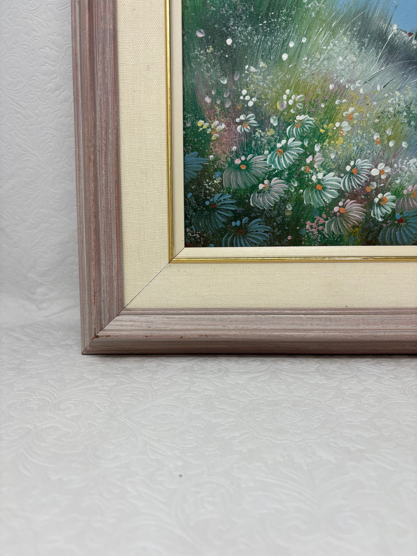 Vintage Oil Painting Of  “Boy Fishing In River With Meadow And Forest" by Irene Brech.