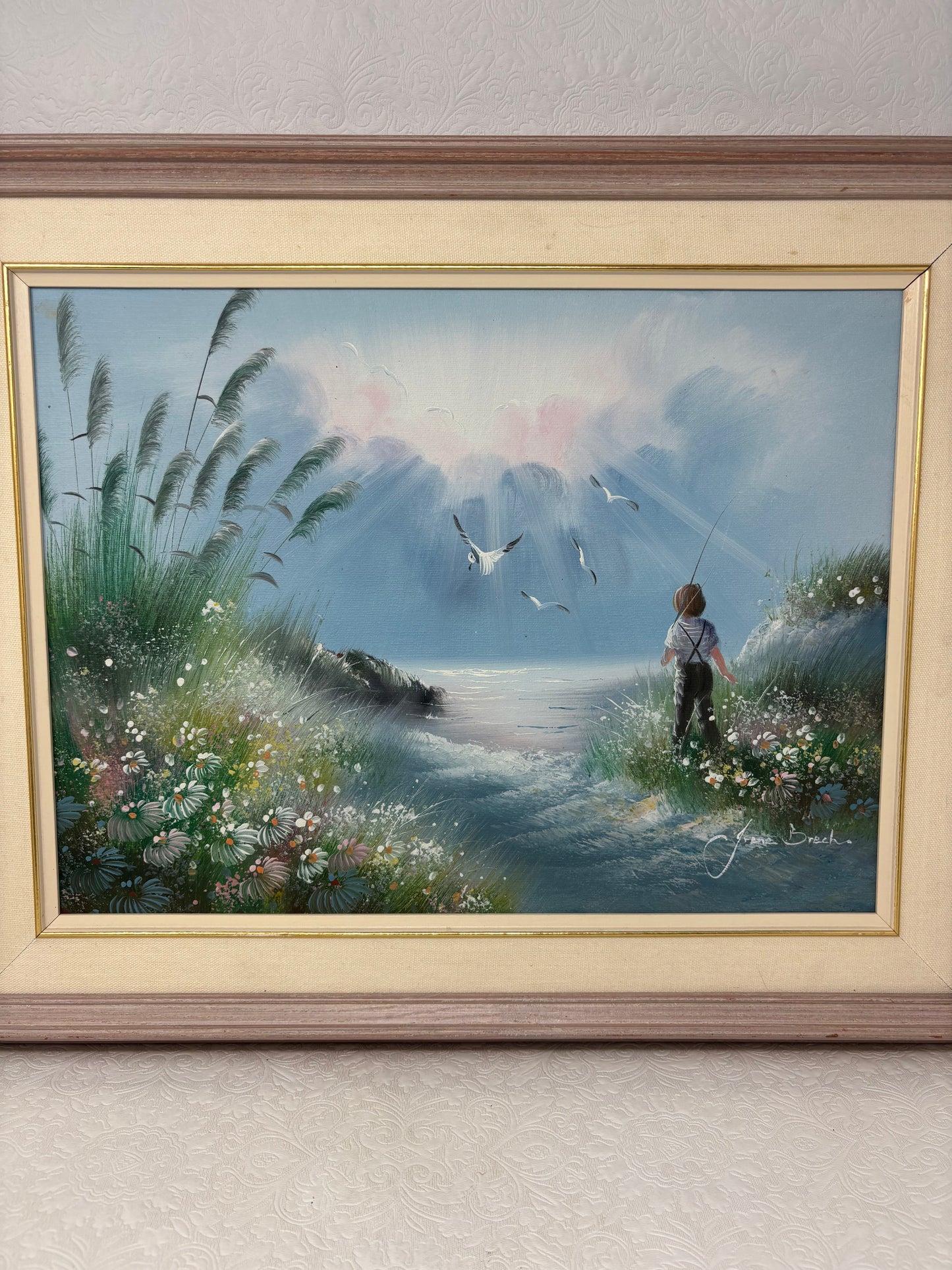 Vintage Oil Painting Of  “Boy Fishing In River With Meadow And Forest" by Irene Brech.