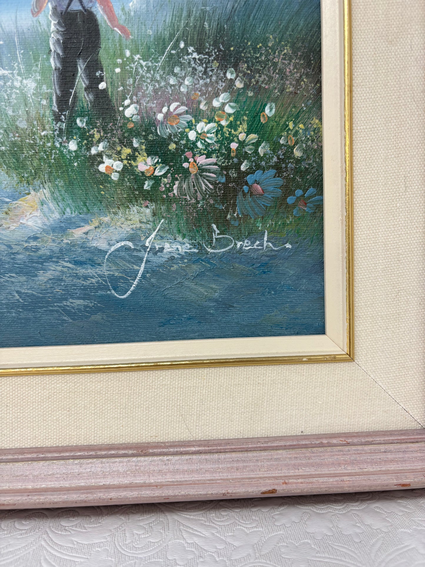 Vintage Oil Painting Of  “Boy Fishing In River With Meadow And Forest" by Irene Brech.