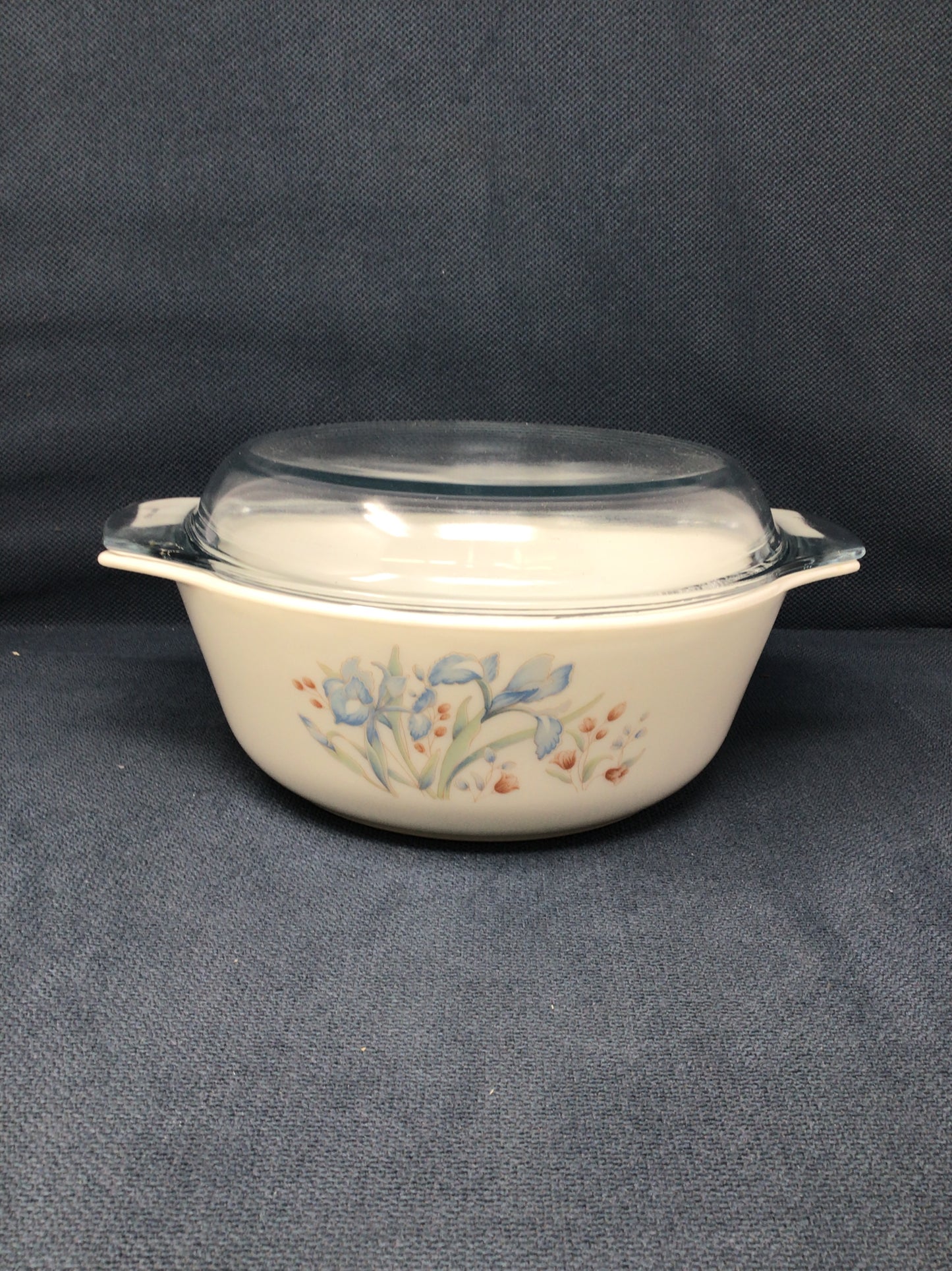 Vintage Pyrex England Blue Iris Casserole Dish