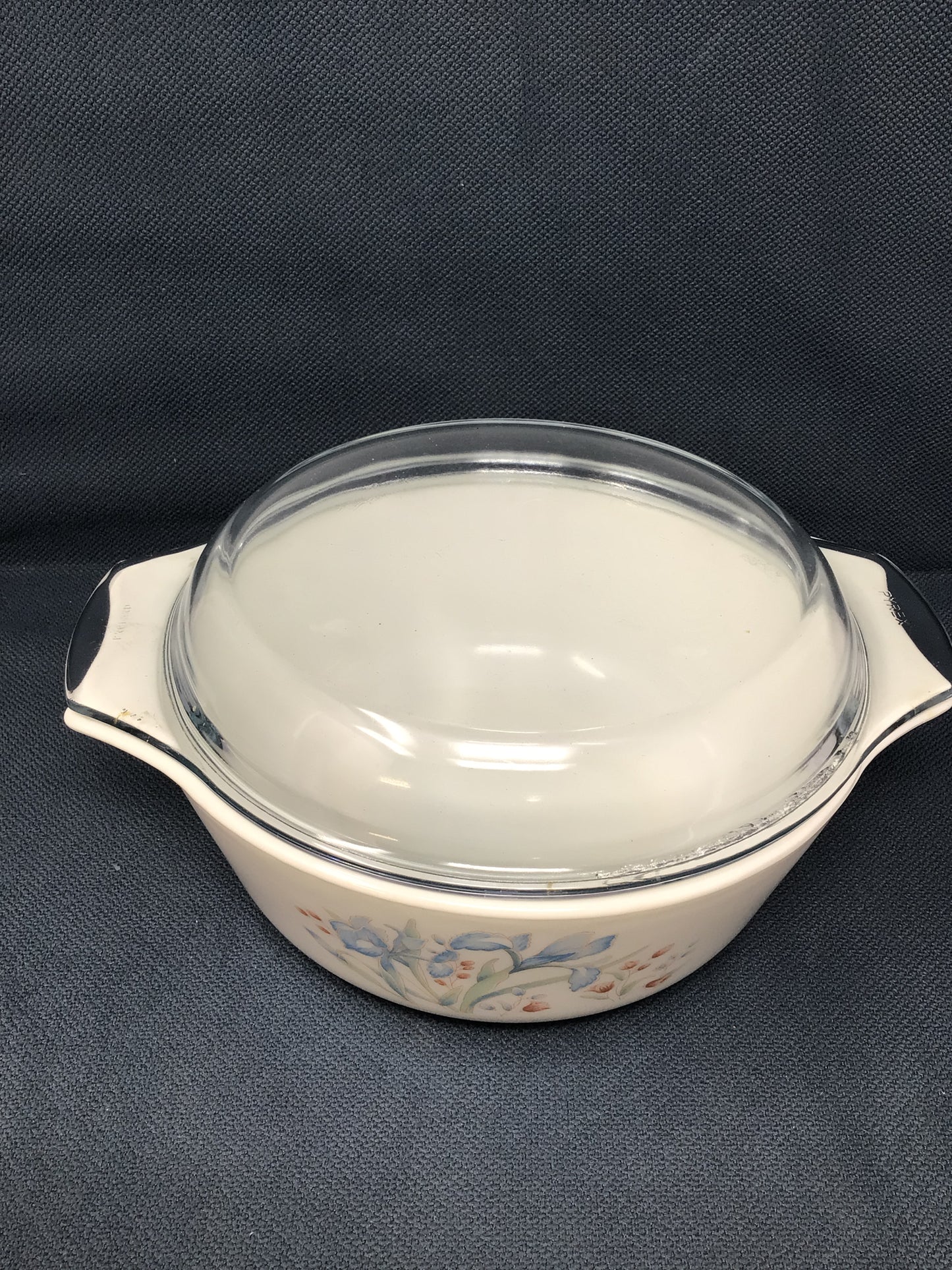 Vintage Pyrex England Blue Iris Casserole Dish