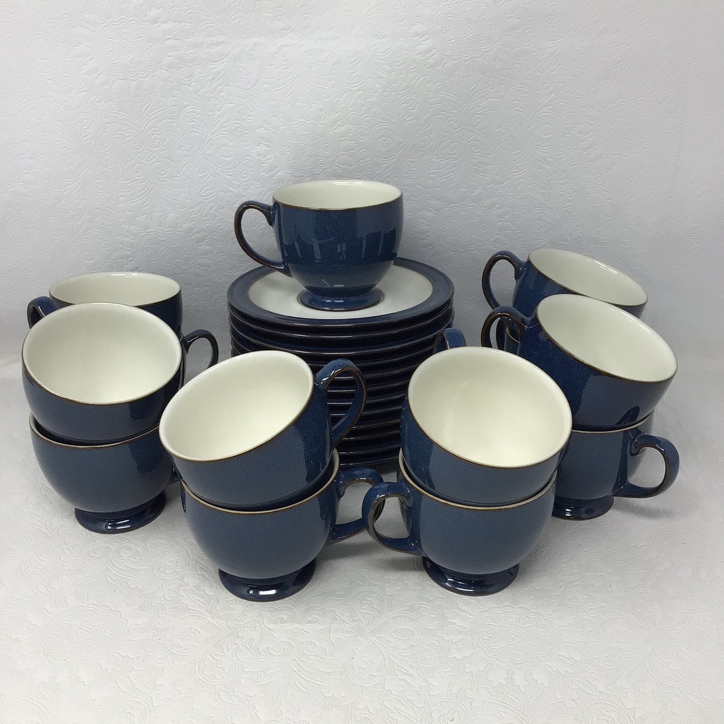 Blue and White Denby Set of 12 Cups and Saucers