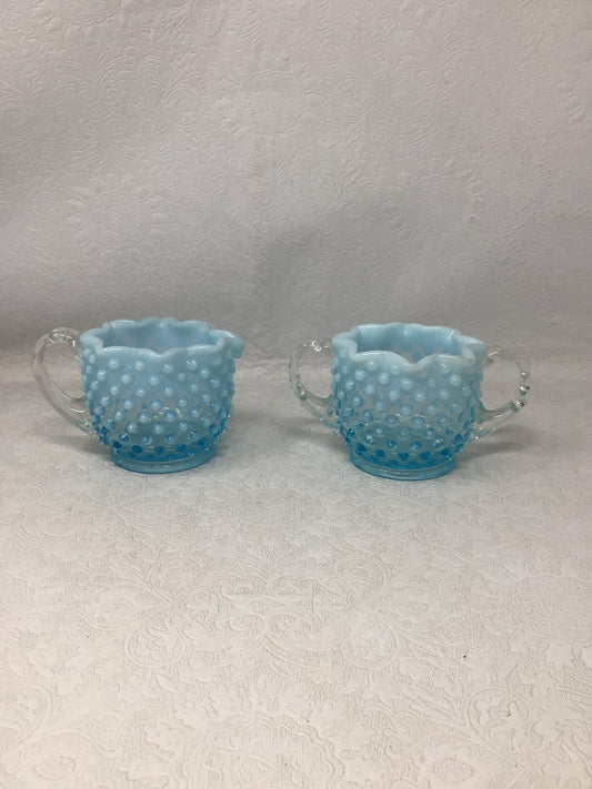 Vintage Fenton Blue Opalescent Hobnail Star Shaped Creamer &  Sugar