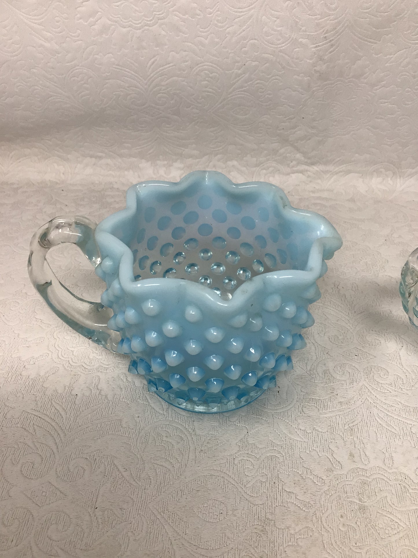 Vintage Fenton Blue Opalescent Hobnail Star Shaped Creamer &  Sugar