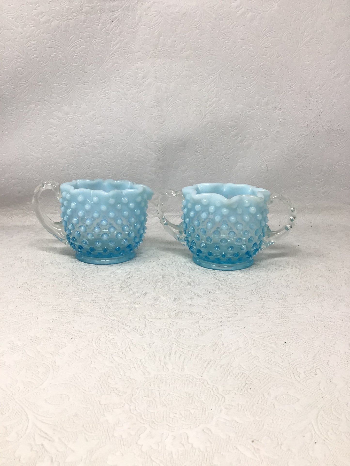 Vintage Fenton Blue Opalescent Hobnail Star Shaped Creamer &  Sugar