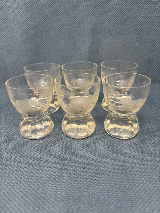 Vintage Set of 6 Queen Lace Crystal Rowland Ward Wildlife Etched Shot Glasses