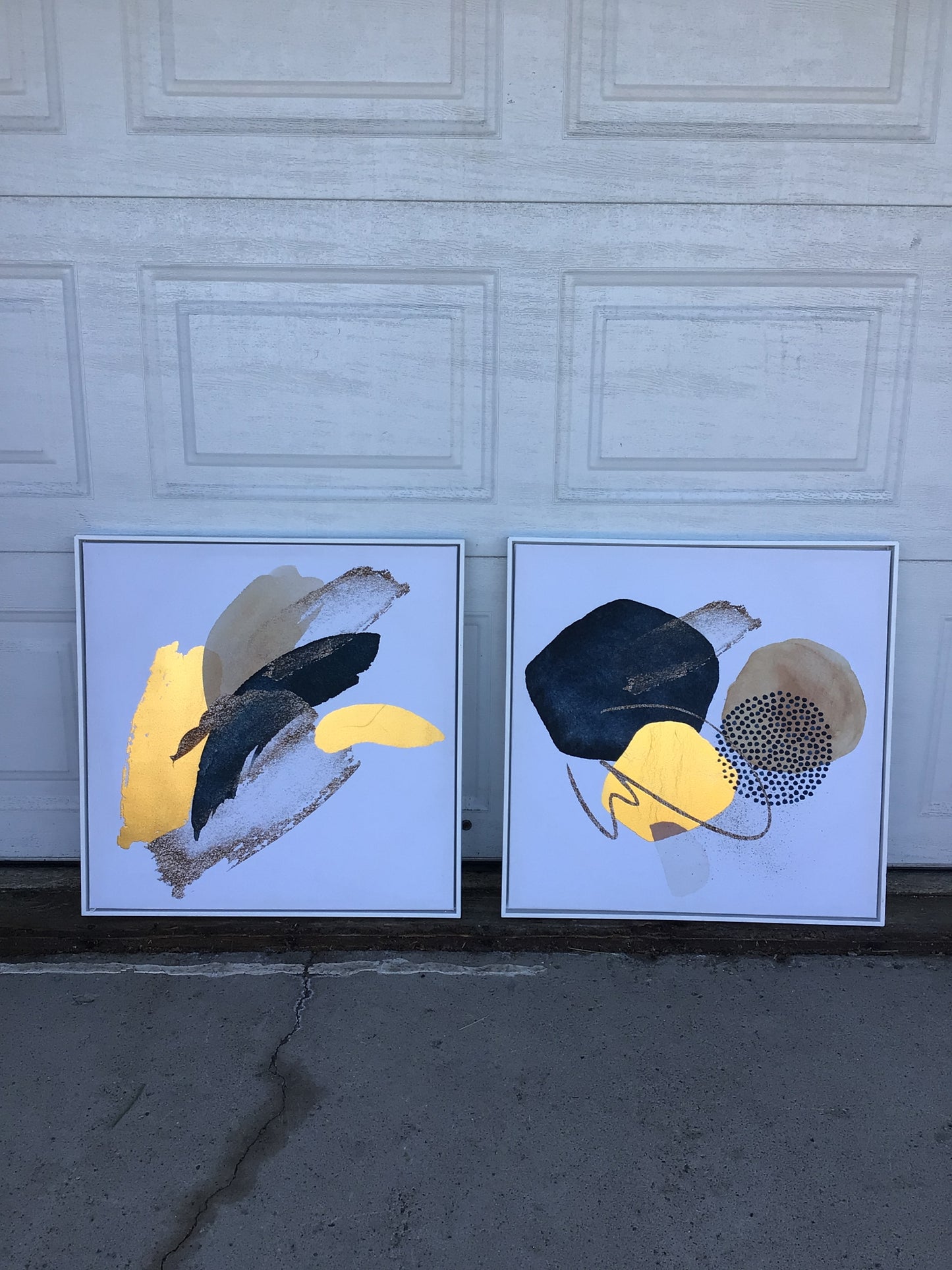 Navy Blue and Gold Modern Print with White Frames, Set of 2